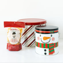 Load image into Gallery viewer, Woody&#39;s Popcorn 7oz bag of popcorn, 1-gallon tin, and 2-gallon tin